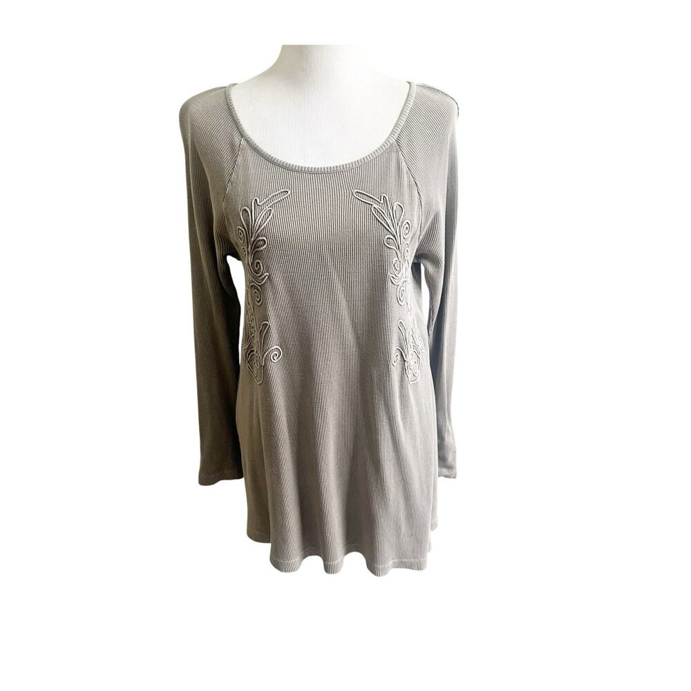Soft Surroundings Embroidered Waffle Knit Long Sleeve Tunic Top Taupe Medium